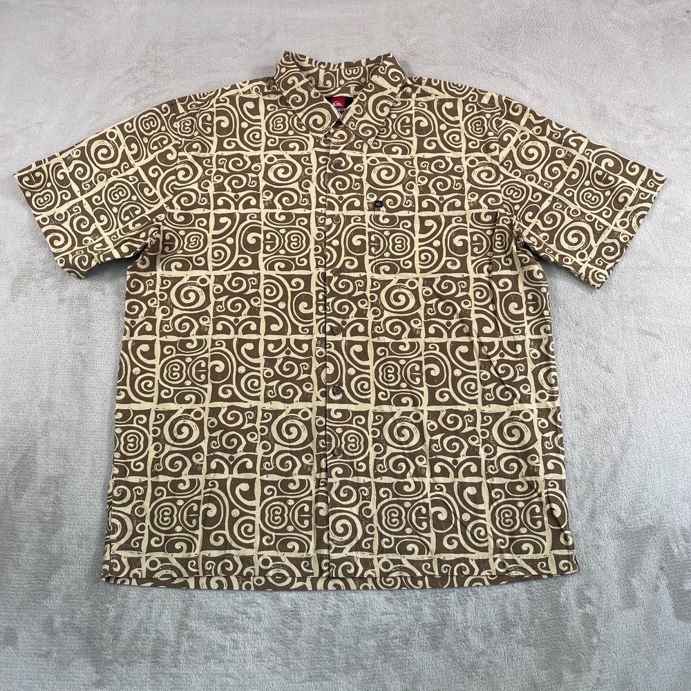 Quicksilver Hawaiian Shirt XL Brown Tribal Geo AOP Short Sleeve Beach Vacation